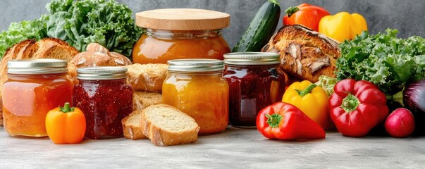 A farm stand with jars of organic preserves, fresh baked bread, and colorful vegetables, illustrating the diverse range of organic food offerings