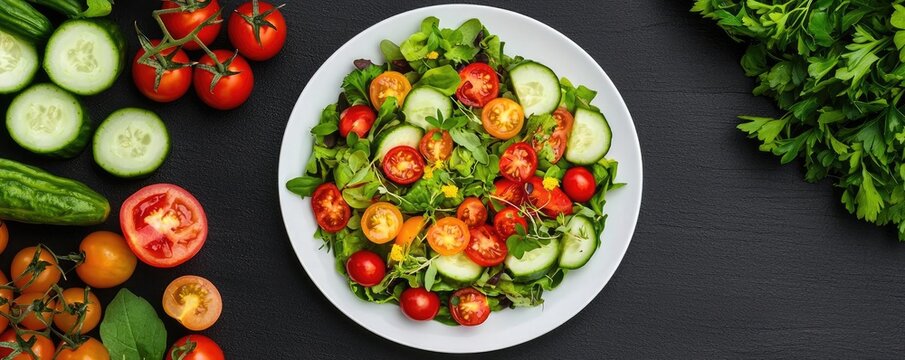 A farm to fork concept image with a plate of colorful organic salad, surrounded by fresh ingredients like herbs, cherry tomatoes, and cucumbers