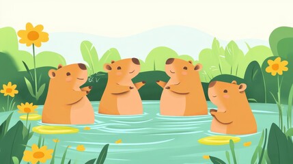 Fototapeta premium Capybara in Japanese Onsen hot spring with orange,Cute Capybara vector design,Capybara floating in the waterwith a tangerine,Cute capybara bathes in a pond,illustration.