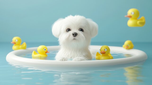 White maltese relaxing in the bathtub with Yellow rubber duck toys,puppy dog taking a bath full of soap foam,Grooming concept,maltese wash in bathroom,Vector illustration.