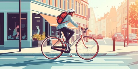 Cyclist speeding through a downtown commercial area with modern buildings as the backdrop, reflecting urban energy and the spirit of active life in the city.