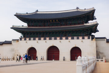 Gyeongbokgung Palace, Seoul, Jongno District, South Korea, in a spring sunny day, exterior view of main Korean royal palace with Gwanghwamun Gate, travel to Republic of Korea