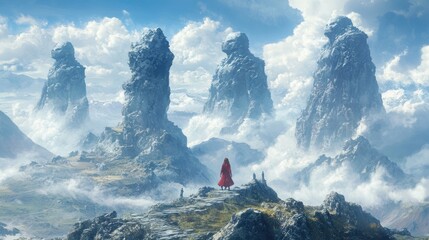 A girl traversing a treacherous mountain range her path guarded by towering sentient stone golems