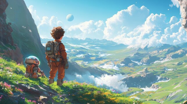 A boy embarking on a quest across a vast fantastical landscape his trusty robotic companion by his side