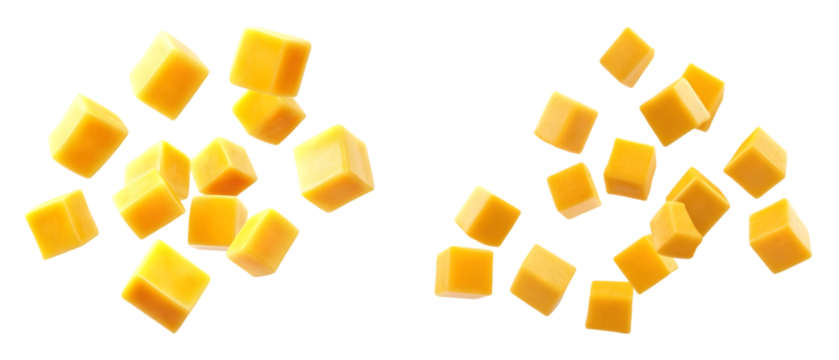 Mango cubes flying on transparent background