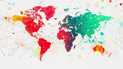 Fototapeta premium Abstract white background with Colorful business connection of line from nail node to node on world map background Innovation network points Earth's surface