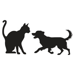 This is a simple black and white illustration of a cat & dog silhouette.