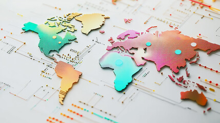 Abstract white background with Colorful business connection of line from nail node to node on world map background Innovation network points Earth's surface