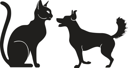 This is a simple black and white illustration of a cat & dog silhouette.