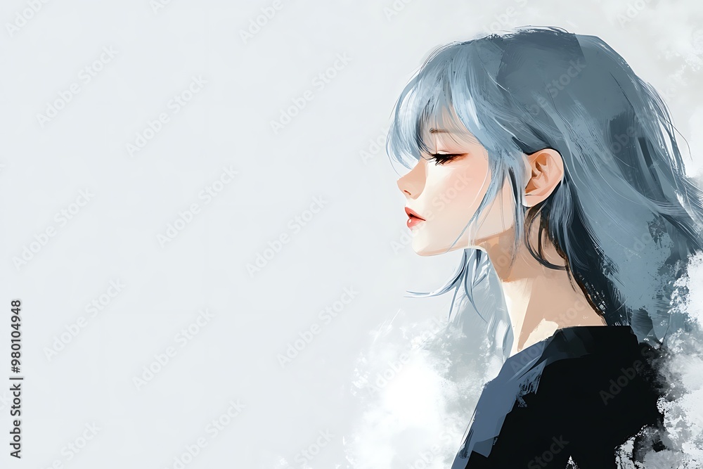 Sticker Anime girl with blue hair and red lips, profile view, minimalist white background