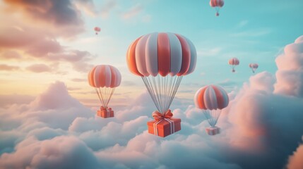 Fototapeta premium A Box flying on a parachute with pink cloud,vector illustration of package flying down from sky and cloud with parachute, concept for delivery service,shopping online,air delivery service.