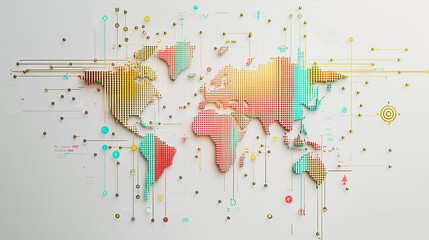 Obraz premium Abstract white background with Colorful business connection of line from nail node to node on world map background Innovation network points Earth's surface