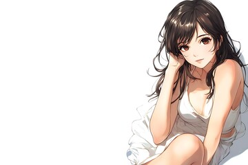 Obraz premium Anime girl with long brown hair wearing a white dress sitting on a white background