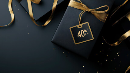 Elegant black and gold gift boxes with 40% discount tag on a dark background
