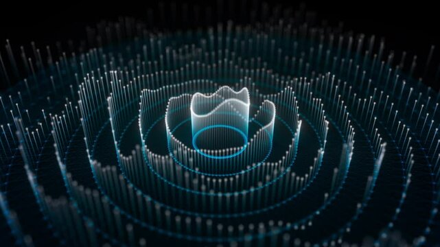 Dotted ripples on the surface with beams. Plexus technology background. Big data. Radio wave abstract motion. FUI, HUD. Seamless loop.