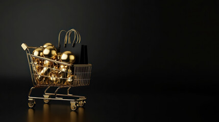golden shopping cart filled with black bags and gold ornaments on dark backdrop