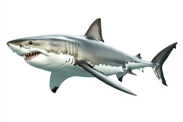 Fototapeta premium great white shark - Carcharodon carcharias - full view while swimming, face and teeth visible isolated on white background all fins and gills showing, ai