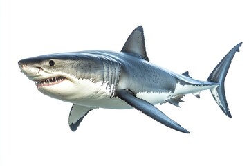 great white shark - Carcharodon carcharias - full view while swimming, face and teeth visible isolated on white background all fins and gills showing, ai