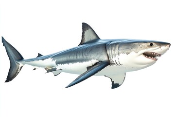 Naklejka premium great white shark - Carcharodon carcharias - full view while swimming, face and teeth visible isolated on white background all fins and gills showing, ai