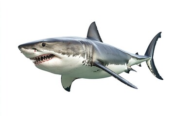 great white shark - Carcharodon carcharias - full view while swimming, face and teeth visible isolated on white background all fins and gills showing, ai