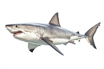 Obraz premium great white shark - Carcharodon carcharias - full view while swimming, face and teeth visible isolated on white background all fins and gills showing, ai