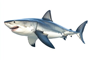 Naklejka premium great white shark - Carcharodon carcharias - full view while swimming, face and teeth visible isolated on white background all fins and gills showing, ai