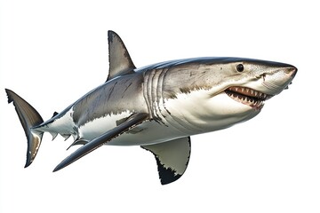 Obraz premium great white shark - Carcharodon carcharias - full view while swimming, face and teeth visible isolated on white background all fins and gills showing, ai
