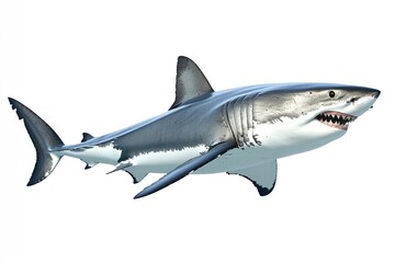 Obraz premium great white shark - Carcharodon carcharias - full view while swimming, face and teeth visible isolated on white background all fins and gills showing, ai