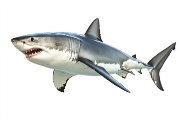 Naklejka premium great white shark - Carcharodon carcharias - full view while swimming, face and teeth visible isolated on white background all fins and gills showing, ai