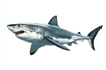 Obraz premium great white shark - Carcharodon carcharias - full view while swimming, face and teeth visible isolated on white background all fins and gills showing, ai