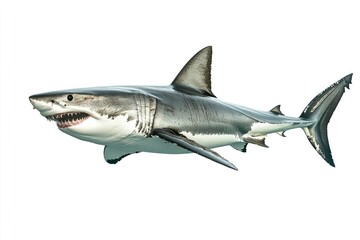 Naklejka premium great white shark - Carcharodon carcharias - full view while swimming, face and teeth visible isolated on white background all fins and gills showing, ai
