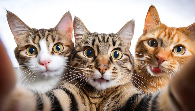 A group of cats acting like doing a selfie camera view
