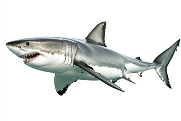 Fototapeta premium great white shark - Carcharodon carcharias - full view while swimming, face and teeth visible isolated on white background all fins and gills showing, ai