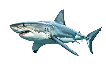 Fototapeta premium great white shark - Carcharodon carcharias - full view while swimming, face and teeth visible isolated on white background all fins and gills showing, ai