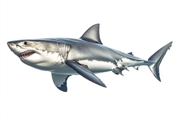 great white shark - Carcharodon carcharias - full view while swimming, face and teeth visible isolated on white background all fins and gills showing, ai