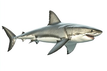 great white shark - Carcharodon carcharias - full view while swimming, face and teeth visible isolated on white background all fins and gills showing, ai