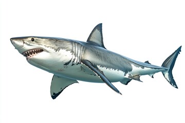 Obraz premium great white shark - Carcharodon carcharias - full view while swimming, face and teeth visible isolated on white background all fins and gills showing, ai