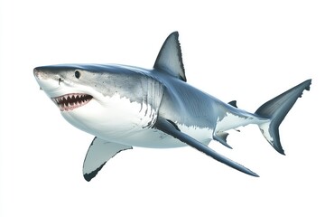 Obraz premium great white shark - Carcharodon carcharias - full view while swimming, face and teeth visible isolated on white background all fins and gills showing, ai