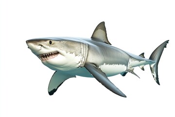 great white shark - Carcharodon carcharias - full view while swimming, face and teeth visible isolated on white background all fins and gills showing, ai