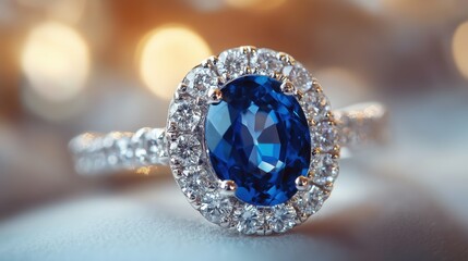 Opulent sapphire and diamond ring featuring a captivating oval-cut center stone surrounded by a halo of brilliant white diamonds with free copy space