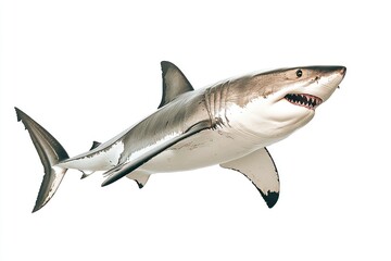 Naklejka premium great white shark - Carcharodon carcharias - full view while swimming, face and teeth visible isolated on white background all fins and gills showing, ai