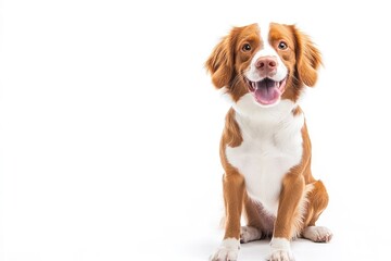 Happy brittany spaniel dog panting and sitting on a white background, ai