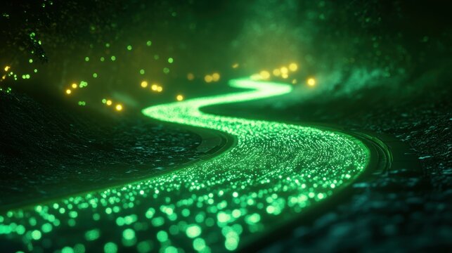 Luminous Cyberpunk Journey - Futuristic Neon-Green Pathway with Dramatic Low-Angle Perspective