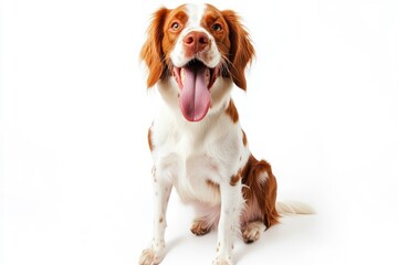 Happy brittany spaniel dog panting and sitting on a white background, ai