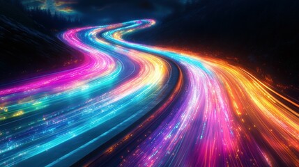 Ethereal long-exposure image of a road at night with vibrant multicolored streaks of light tracing the vehicles' movements suggesting a sense of speed and technology