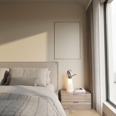 poster mockup in bedroom interior background. modern scandinavian style. 3d Rendering