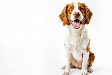 Happy brittany spaniel dog panting and sitting on a white background, ai