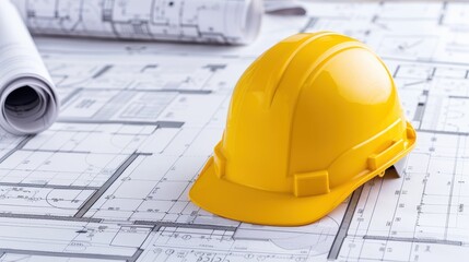 A yellow construction hard hat resting on detailed architectural blueprints, symbolizing engineering, safety, and building design planning.