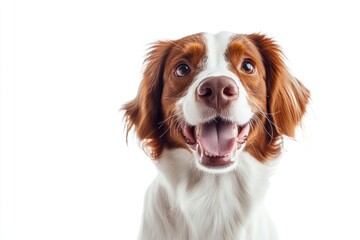 Happy brittany spaniel dog panting and sitting on a white background, ai