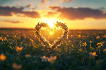 Fototapeta premium A sunlit blooming field with intertwined flowers forming a heart shape in the warm evening light